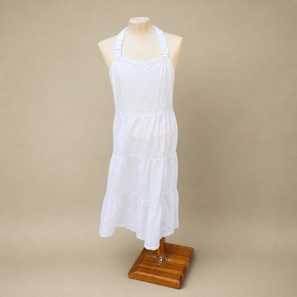 Bella Dahl White Linen Midi Dress Womens Medium Open Back Tiered Summer